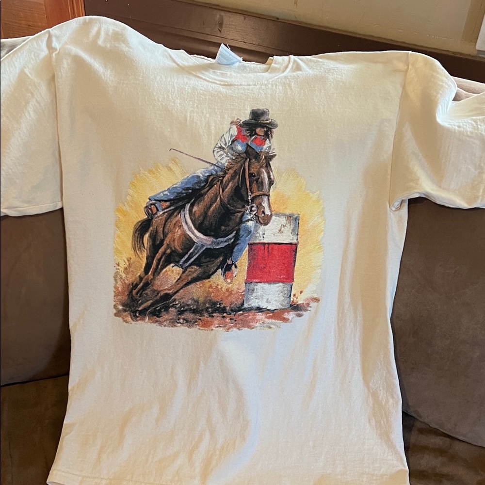 Gildan Cream Short Sleeve Tee with women’s barrel racer rodeo Print